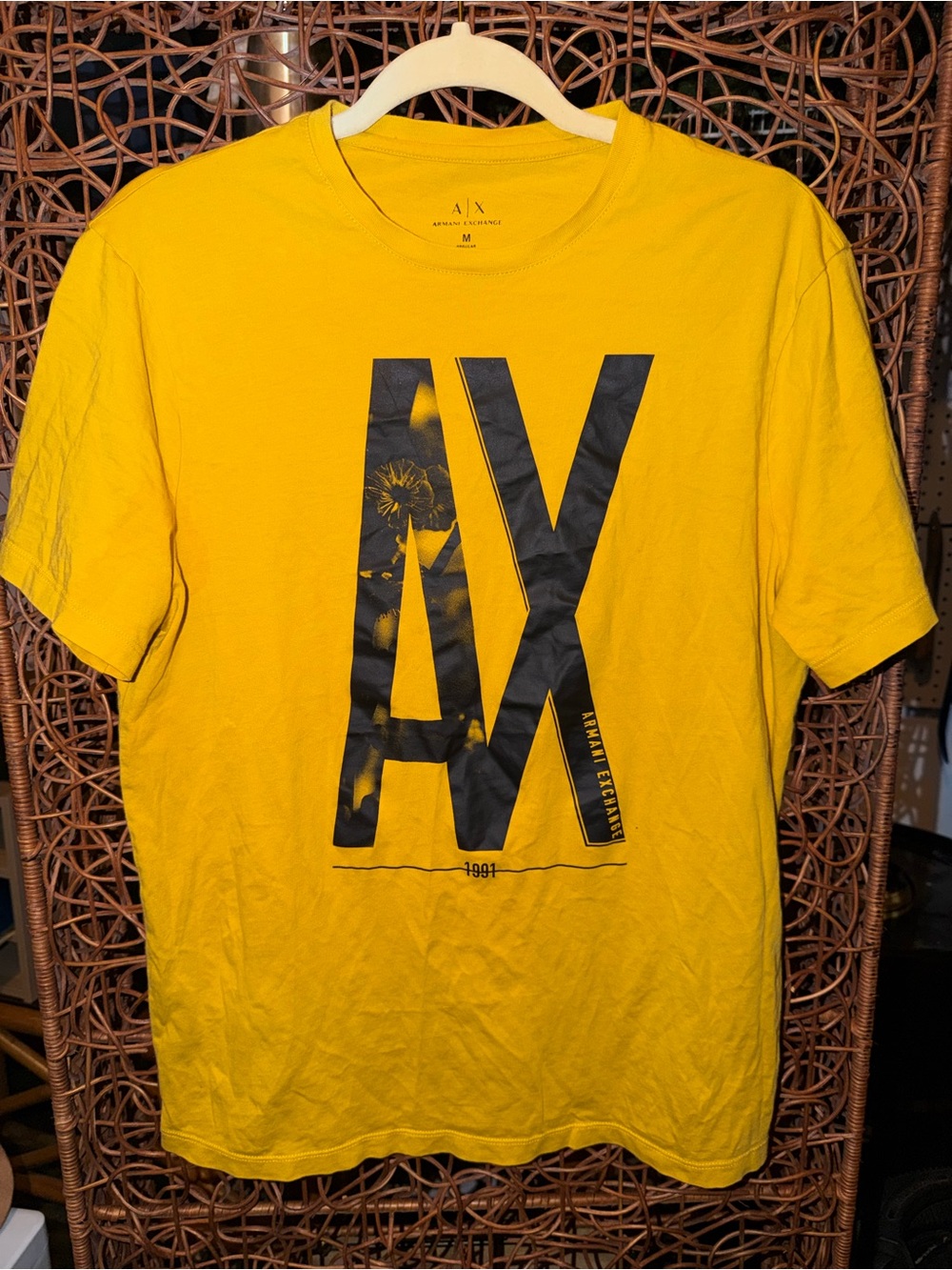 Armani Exchange Yellow Short-Sleeve Tee with Black AX Graphic